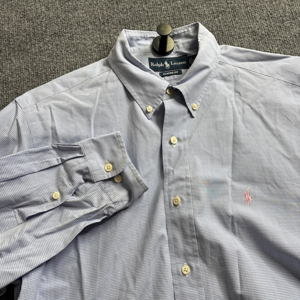 Ralph Lauren Dress Shirt Men's Size 16 32-33 Classic Fit Blue Check Plaid Pony